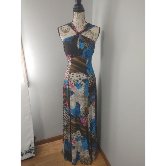 Vintage Women's Mesmerize Floral Print Maxi Dress Size S Blue Brown - Picture 1 of 11